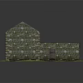 Stone built L shaped Building with Dark Tiled Roof and Green Grass Base Exterior View