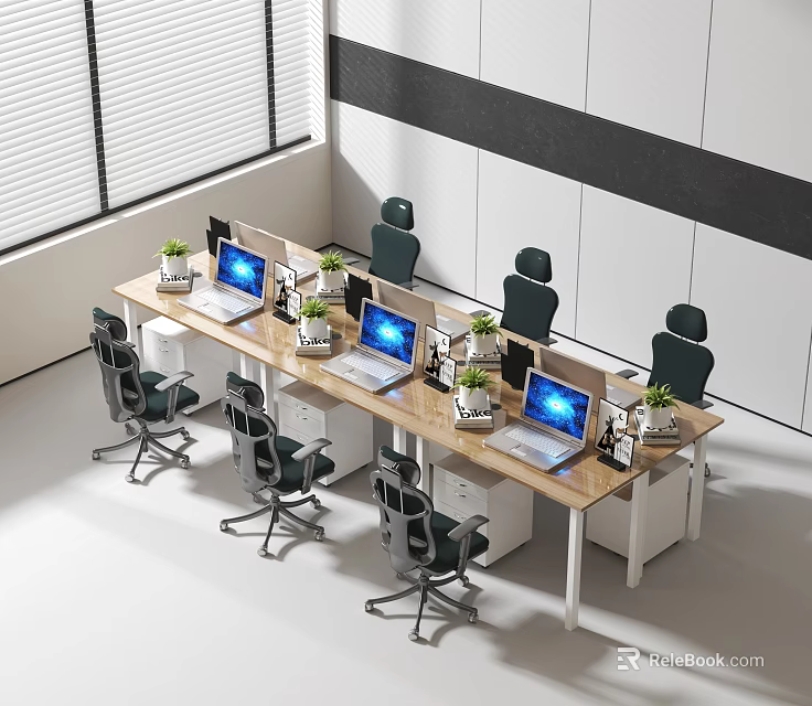 Modern Office Desk And Chair Set With Computers And Potted Plants 3d model 