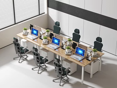 Modern Office Desk And Chair Set With Computers And Potted Plants 3d model
