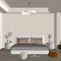 Modern Beige Bedroom Interior With Vertical Striped Headboard Wall Chandelier Bedside Tables And Rug