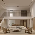 Modern Living Room Interior Design With Open Staircase Large TV White Sofa And Wooden Chairs