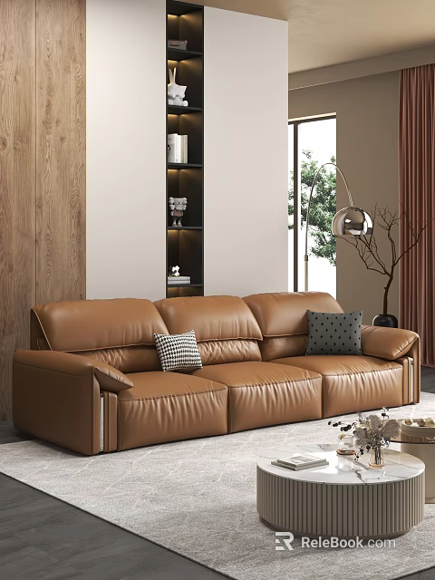 Modern Brown Leather Sectional Sofa With Patterned Accent Pillows Wooden Wall And Window View 3d model 