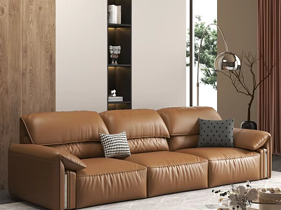 Modern Brown Leather Sectional Sofa With Patterned Accent Pillows Wooden Wall And Window View 3d model