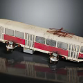 Vintage White Red Bus Model With Worn Rustic Overhead Trolley Wires On Reflective Surface
