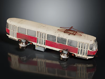 Vintage White Red Bus Model With Worn Rustic Overhead Trolley Wires On Reflective Surface 3d model
