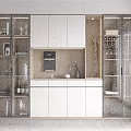 Modern Wine Cabinet With Glass Doors Wooden Frame And Decorative Wine Bottles On Display Shelves