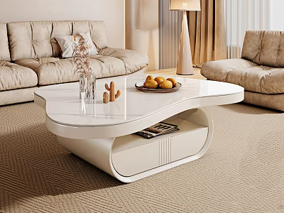 Modern Beige Sofa and White Wave Shaped Coffee Table Set with Decorative Items and Fruits 3d model