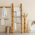 Bathroom Bamboo Ladder Shelf with Hanging Towels Wall Rod and Decorative Basket