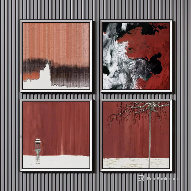 Abstract Paintings With Red Background Brushstrokes Lighthouse Bare Tree And Snow 3d model