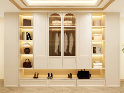 Modern Minimalist Wardrobe Design With Arched Glass Doors LED Lighting Storage Shelves And Shoe Storage 3d model