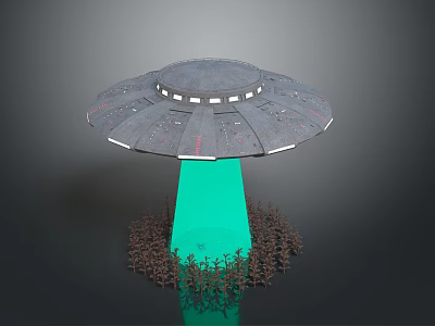 Disc Shaped Metallic UFO With Green Light Beam Hovering Above Trees 3d model