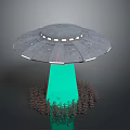 Disc Shaped Metallic UFO With Green Light Beam Hovering Above Trees