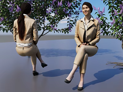 Two Women In Beige Suits Sitting Under Trees With Purple Flowers And Blue Sky 3d model