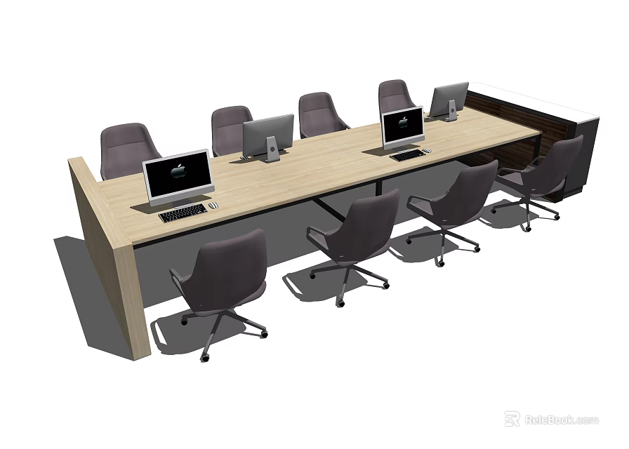 Modern Long Office Desk With Laptops And Ergonomic Office Chairs 3d model