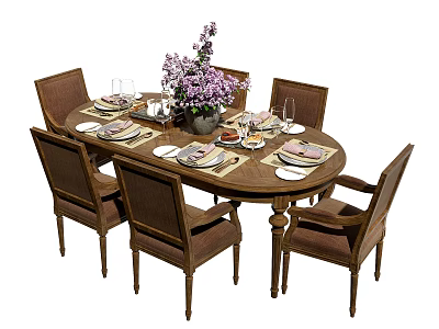 Elegant Oval Dining Table Set With Six Chairs Tableware Wine Glasses And Purple Flowers 3d model