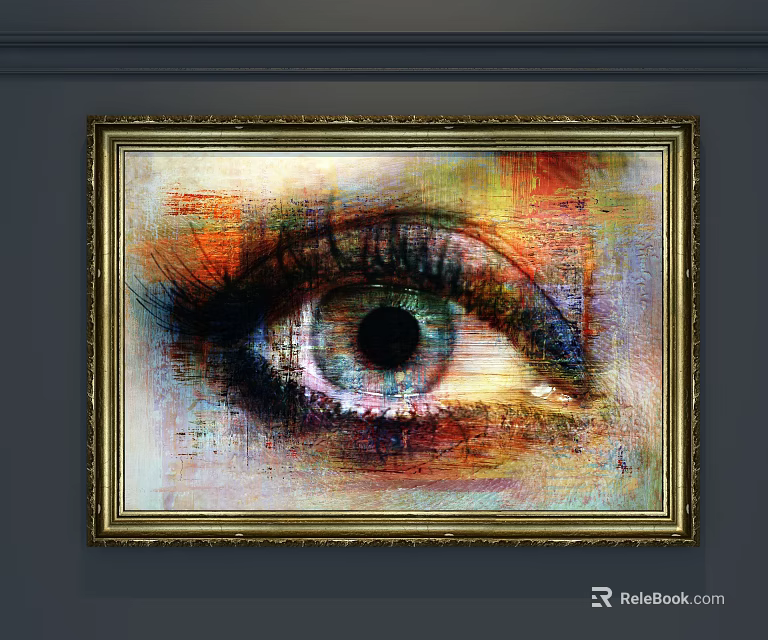 Abstract Painting with Eye in Gold Frame on Gray Wall Vibrant Colors 3d model 