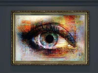 Abstract Painting with Eye in Gold Frame on Gray Wall Vibrant Colors 3d model