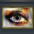Abstract Painting with Eye in Gold Frame on Gray Wall Vibrant Colors