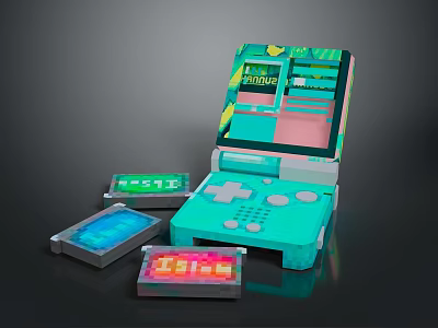Retro Handheld Computer Open Lid Design With Green Pink Accents And Multiple Game Cartridges 3d model