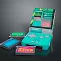 Retro Handheld Computer Open Lid Design With Green Pink Accents And Multiple Game Cartridges