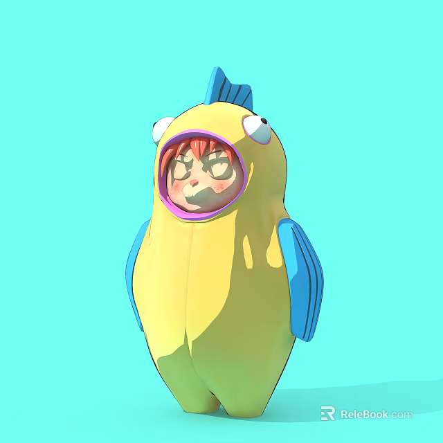Cute Game Movie Character In Yellow Fish Costume With Blue Fins Red Hair And Glasses 3d model 