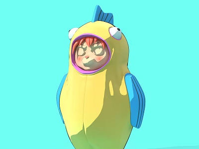 Cute Game Movie Character In Yellow Fish Costume With Blue Fins Red Hair And Glasses 3d model