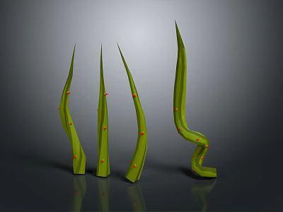 Four Green Curved Plants With Red Dots Arranged On Gray Background Shiny Surface 3d model