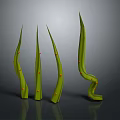 Four Green Curved Plants With Red Dots Arranged On Gray Background Shiny Surface