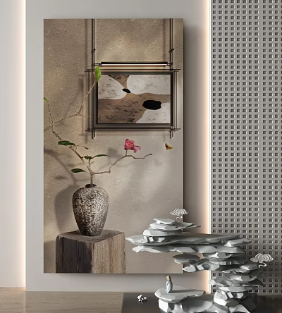 Landscape Painting on Textured Wall with Ceramic Vase Branches and Stone Decorations 3d model
