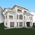 Elegant Two Story Detached Villa With Balconies Large Windows Green Trees And Lush Lawn