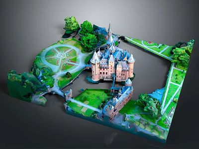 Medieval Castle Ancient Architecture With Historic Garden Winding Paths Lush Trees And Stone Bridge 3d model