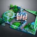 Medieval Castle Ancient Architecture With Historic Garden Winding Paths Lush Trees And Stone Bridge