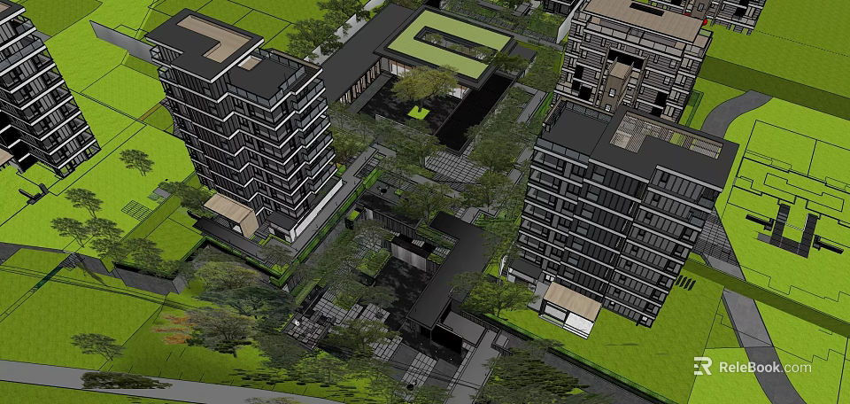 Modern Garden Landscape Design With Greenery Pathways And Surrounding Buildings 3d model