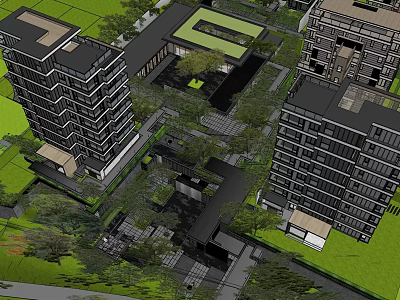Modern Garden Landscape Design With Greenery Pathways And Surrounding Buildings 3d model
