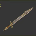Mythical Fantasy Sword With Gold Red Accents Ornate Blade And Intricate Hilt Design