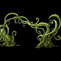 Green Curved Vines with Twisted Curling Structures on Black Background and Small Stones at Base