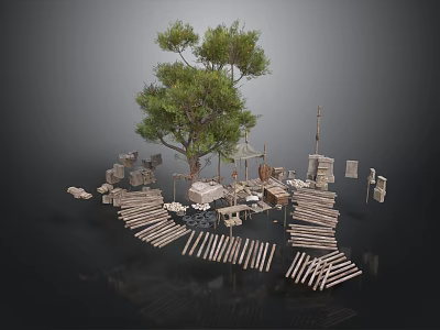 Rustic Outdoor Wooden Scene Design With Tree Fences Pavilion And Planks 3d model