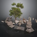 Rustic Outdoor Wooden Scene Design With Tree Fences Pavilion And Planks