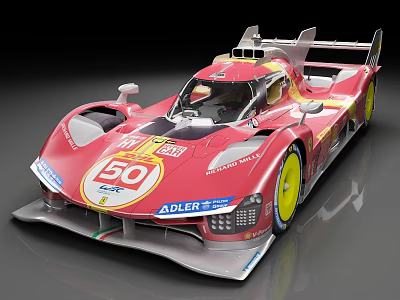 Red Streamlined Race Car With Number 50 Adler Logo And Yellow Wheels 3d model