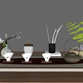 Modern Ceramic Tea Set With Teapot Teacups Wooden Tray And Decorative Plants