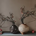 Ceramic Vases With Dried Branches And Red Fruits On Gray Tabletop 3d model