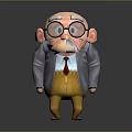 Animated 3D Game Movie Character Elderly Man With Large Glasses Mustache Gray Coat Yellow Pants