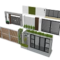 Various Modern Entrance Gates With Wooden Metal Grilles And Green Plant Decorations