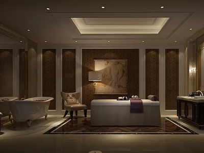 Luxurious SPA Sauna Interior Design With Massage Bed Bathtub And Comfortable Chair 3d model