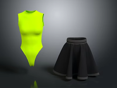 Stylish Neon Yellow Sleeveless Bodysuit and Black Skirt with Gray Trim 3d model