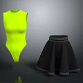 Stylish Neon Yellow Sleeveless Bodysuit and Black Skirt with Gray Trim