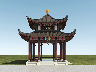 Traditional Landscape Pavilion With Multi tiered Eaves Yellow Top Ornament Dark Columns On Green Lawn 3d model