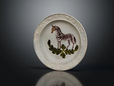 Decorative Plate Featuring Zebra Design And Green Leaf Pattern On Ornate Edge 3d model