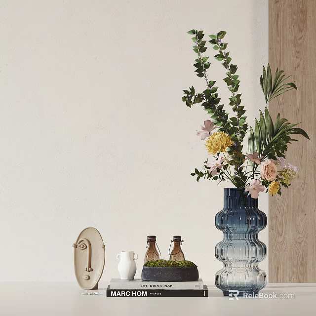 Decorative Ornament Set With Blue Glass Vase Green Leaves Yellow Pink Flowers And Decor Items 3d model 