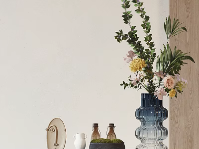 Decorative Ornament Set With Blue Glass Vase Green Leaves Yellow Pink Flowers And Decor Items 3d model